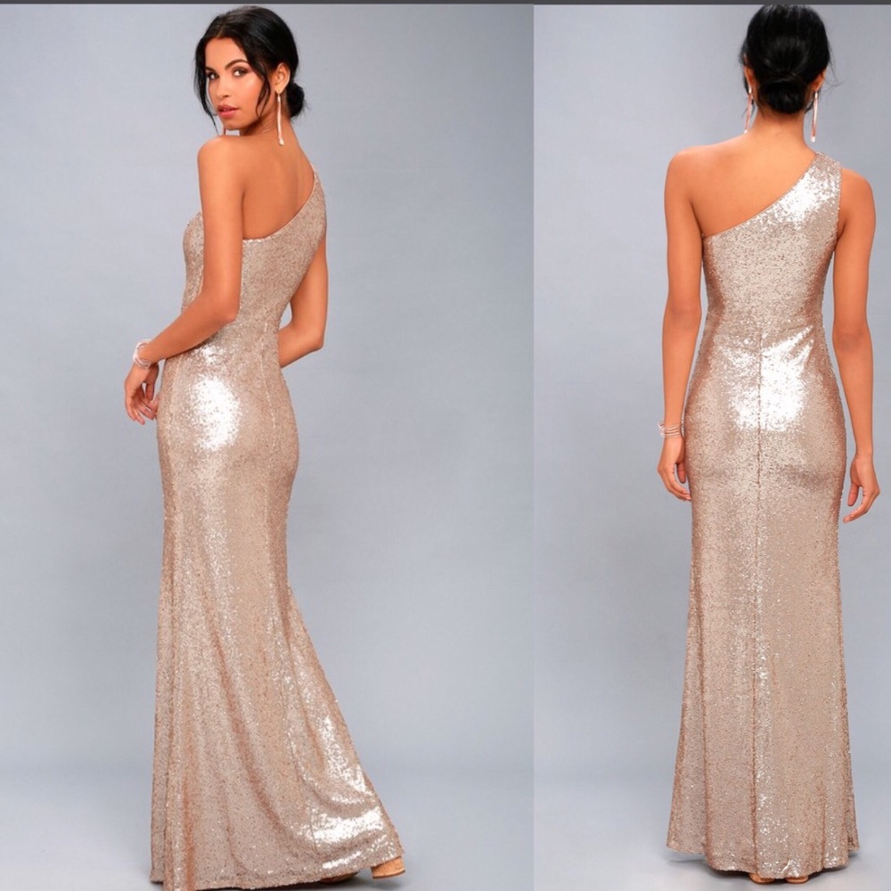 Matte Rose Gold Sequin One Shoulder Maxi Dress